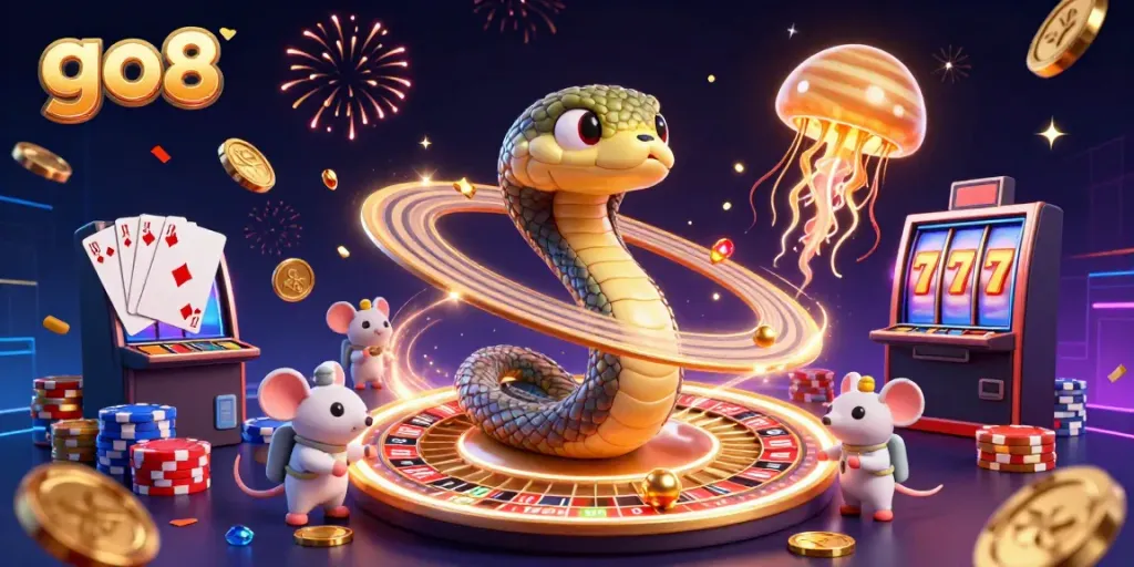 Experience thrilling games at go8 with cartoon characters playing on a cosmic roulette wheel.
