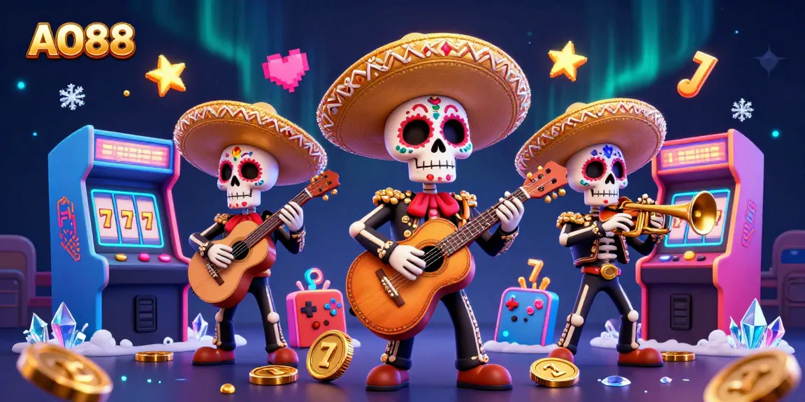 Engaging scene with AO88 and mariachi skeletons celebrating jackpots and arcade games with vibrant colors.