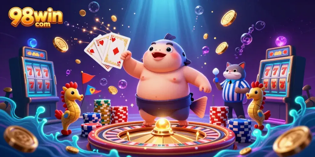 Experience exciting gameplay at 98win com with the dynamic underwater casino scene full of rich elements.