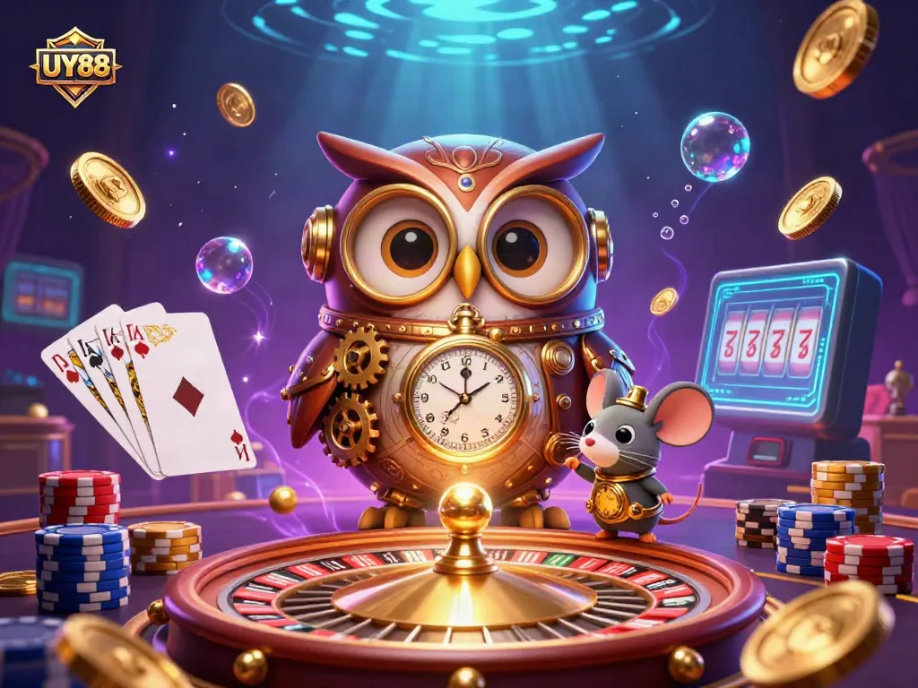 Win big with UY88 as the time-traveler owl explores a vibrant casino scene filled with coins and cards.