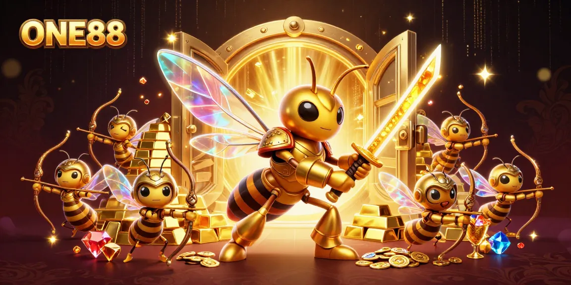 ONE88 showcases a 3D giant golden hornet in samurai armor amidst dazzling casino treasures.