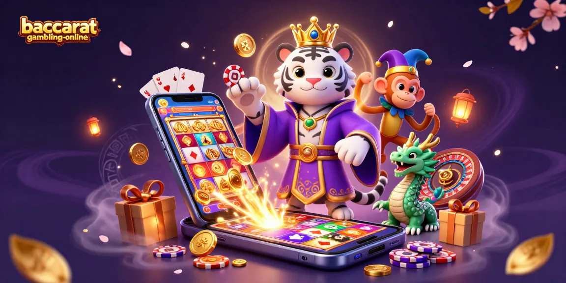 baccarat-gambling-online showcases an epic scene with a white tiger, monkey, and jade dragon amidst casino elements.