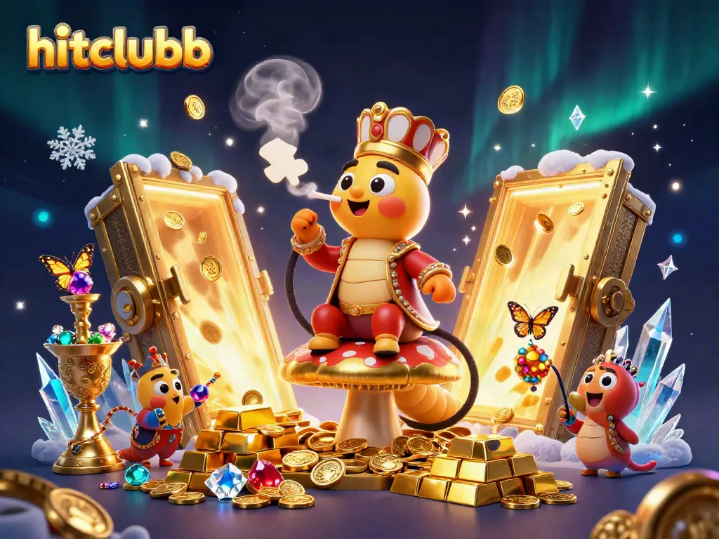 Experience thrill with hitclubb as the caterpillar hookah-master unveils an opulent treasure in this vibrant casino illustration.