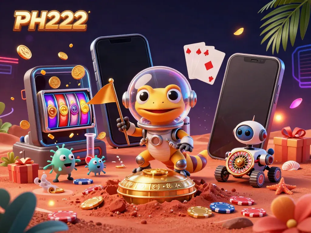 Experience the excitement of PH222 casino games with the colorful Martian gecko and gaming elements.