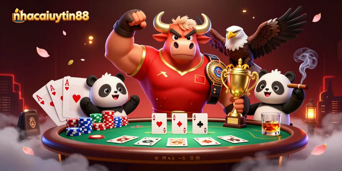 Win big at nhacaiuytin88 with a vibrant 3D casino scene featuring dynamic characters and poker elements.