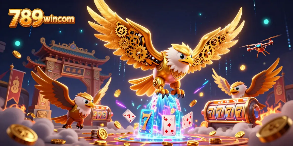 Experience the thrill of 789wincom as the golden eagle dives through holographic cards in a vibrant casino atmosphere.