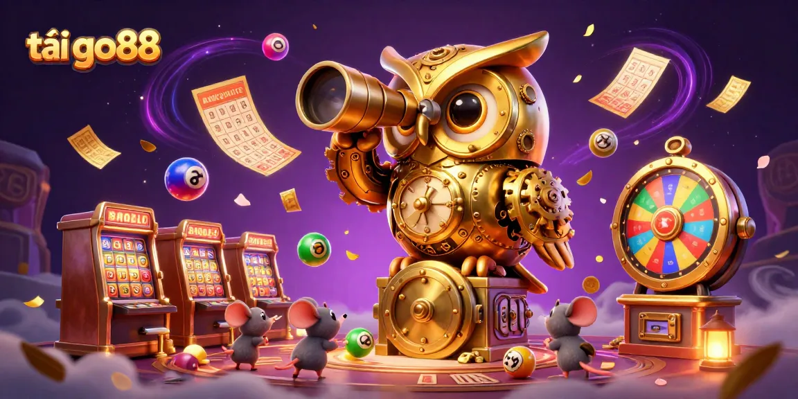 Experience thrilling gameplay with tải go88 in a lively casino scene featuring a clockwork owl and vibrant lottery elements.
