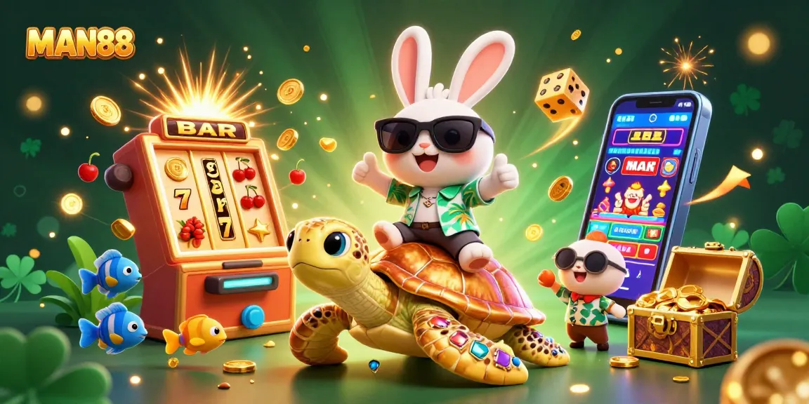 MAN88 players experience thrilling wins with vibrant cartoon scene of lucky rabbit and jackpot symbols.