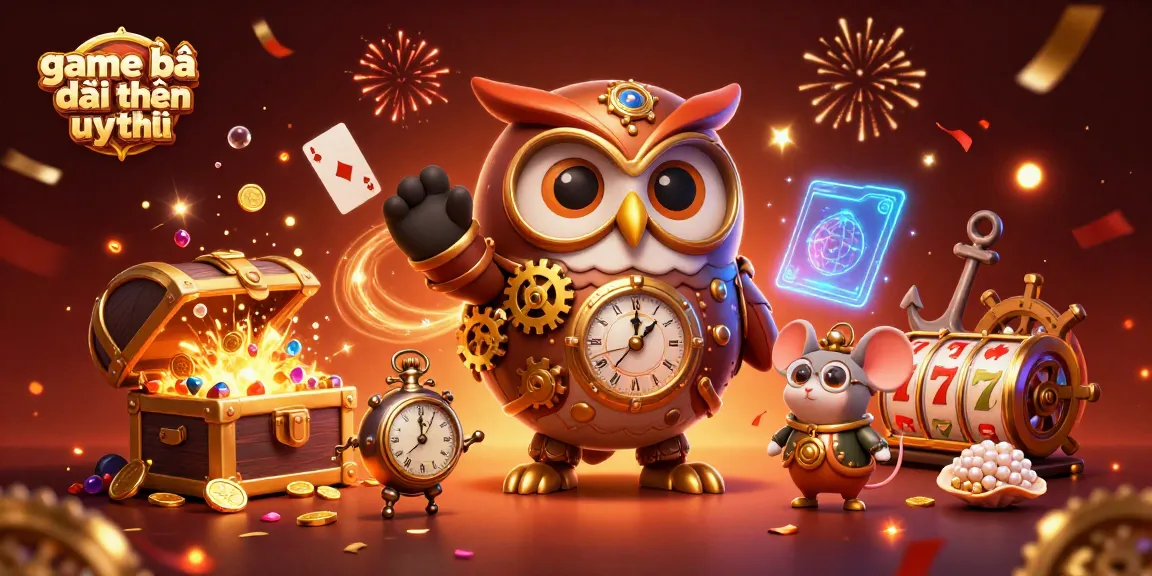 Visual representation of game bài đổi thưởng uy tín featuring a steampunk owl, vibrant casino elements, and underwater treasures.