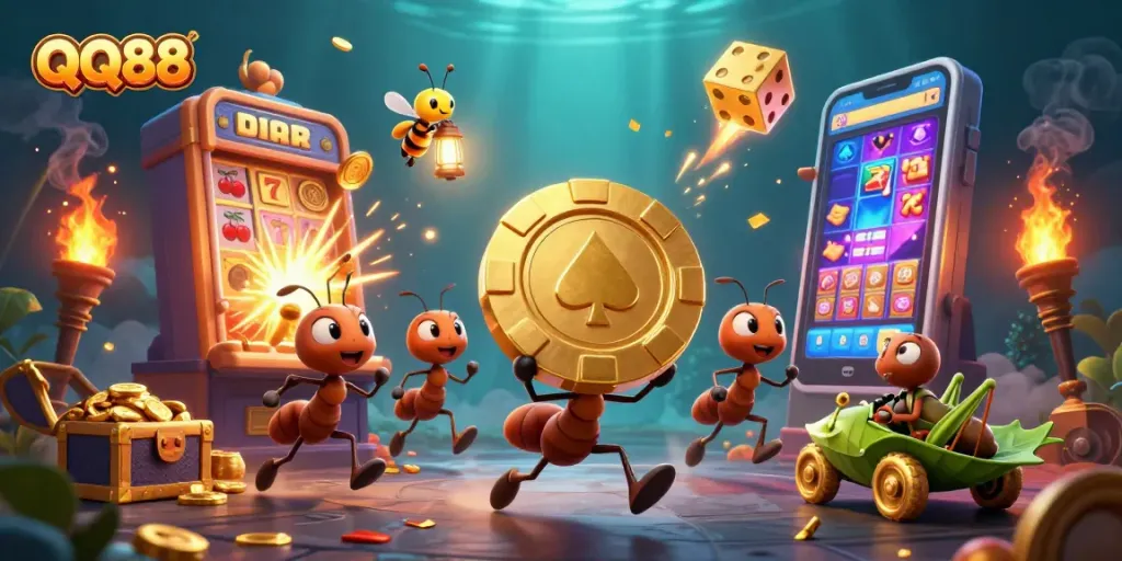 Experience thrilling gameplay at QQ88 with cartoon ants on a heist amid vibrant casino elements.