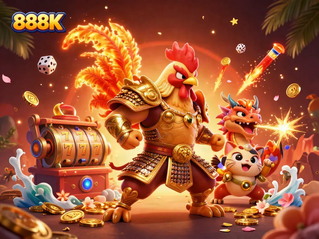 Engage with the thrilling 888K casino experience featuring dynamic game elements and vibrant characters.