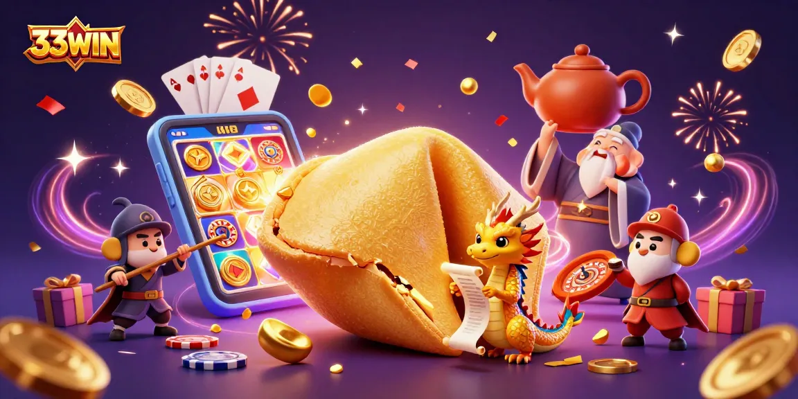 Engage with 33WIN's vibrant 3D digital illustration featuring exciting gambling elements and a lucky dragon.