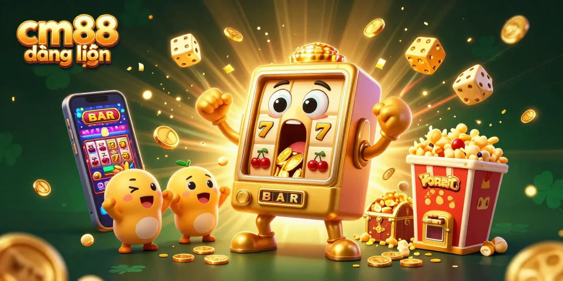 Experience cm88 đăng nhập with this vibrant 3D casino scene showcasing a joyful slot machine hitting the jackpot amidst exciting game elements.