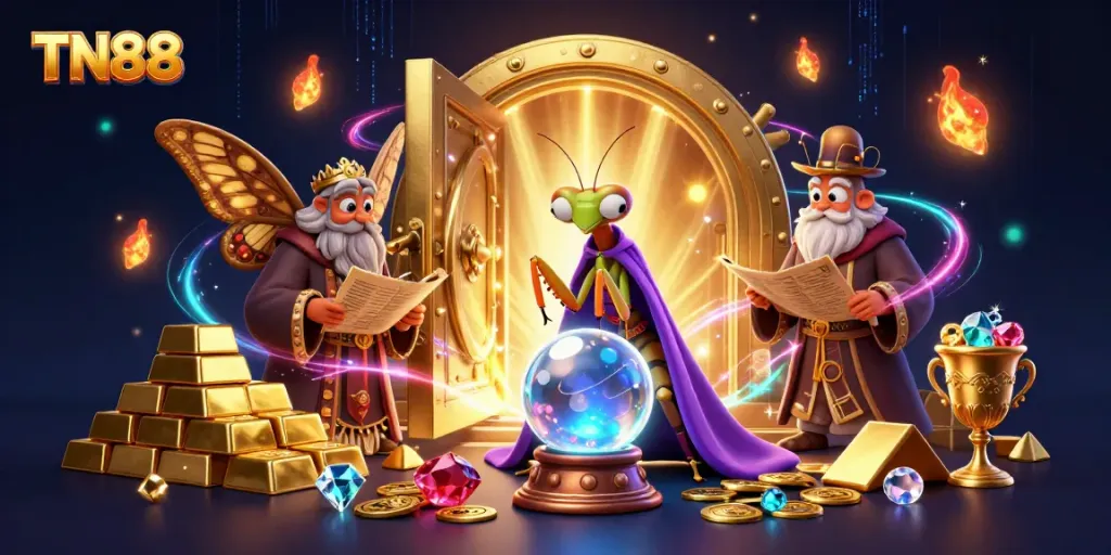 Engaging TN88 casino scene showing a mystical fortune teller and a moth librarian amidst treasures and vibrant energy.