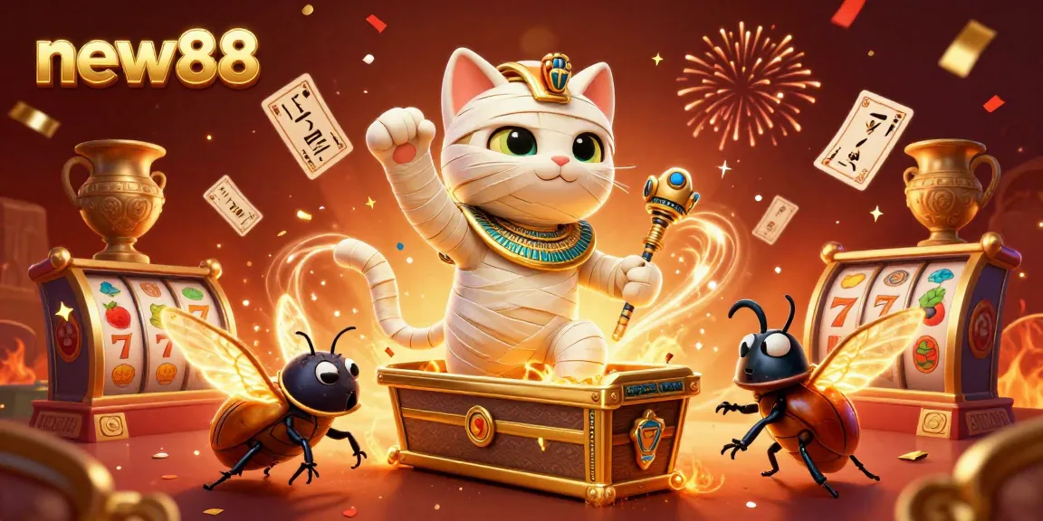 Experience thrilling gameplay with new88 in this vibrant casino scene featuring an Egyptian mummy cat.