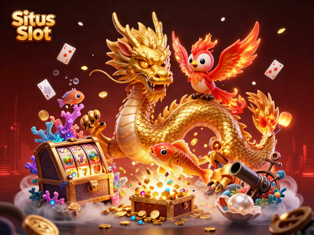 Situs Slot showcases a dynamic 3D scene featuring a golden dragon, phoenix, and koi fish amid exciting casino elements.