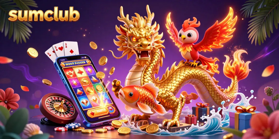 Win big with sumclub's thrilling 3D casino scene featuring a golden dragon and dynamic game elements.