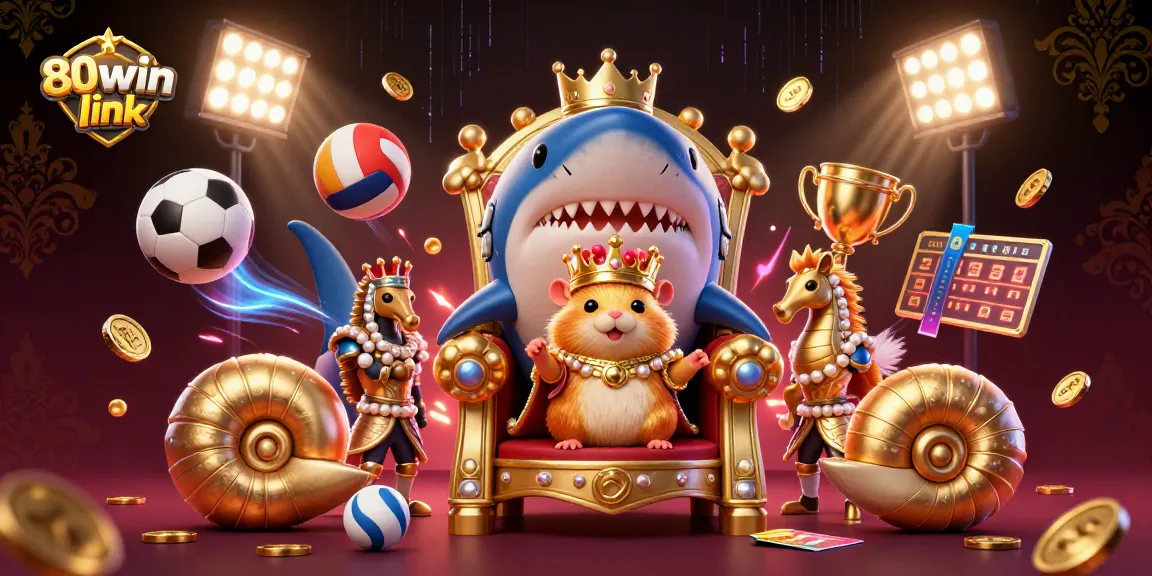 Bet big with 80win link, a bustling casino scene featuring a hamster king and sports elements.