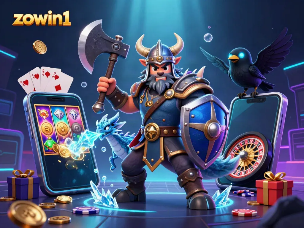 Experience excitement with zowin1 as the Viking warrior battles in a richly detailed casino illustration.