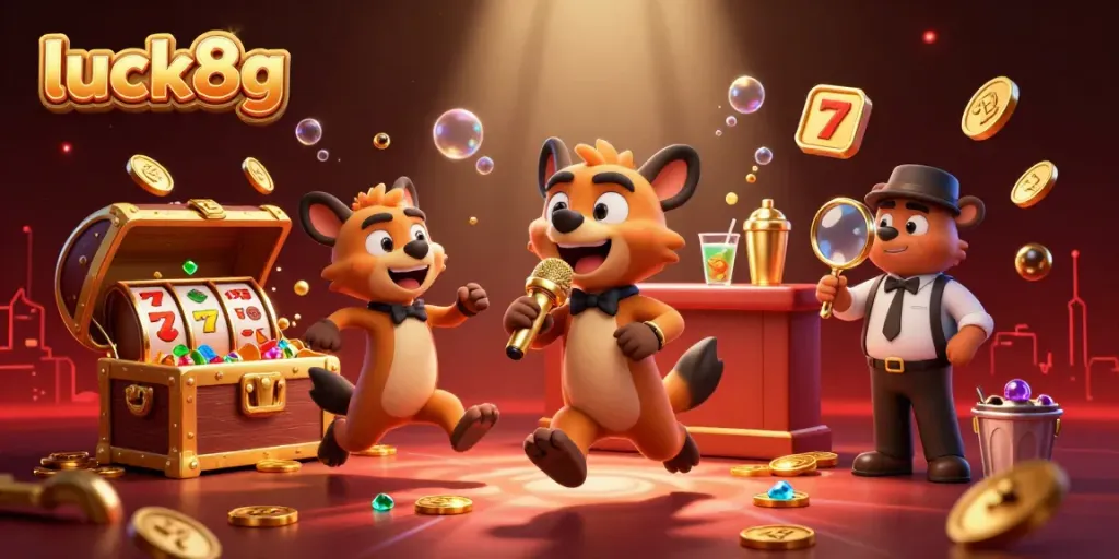 Luck8g hyenas host a vibrant comedy casino scene with gold coins and slot elements.