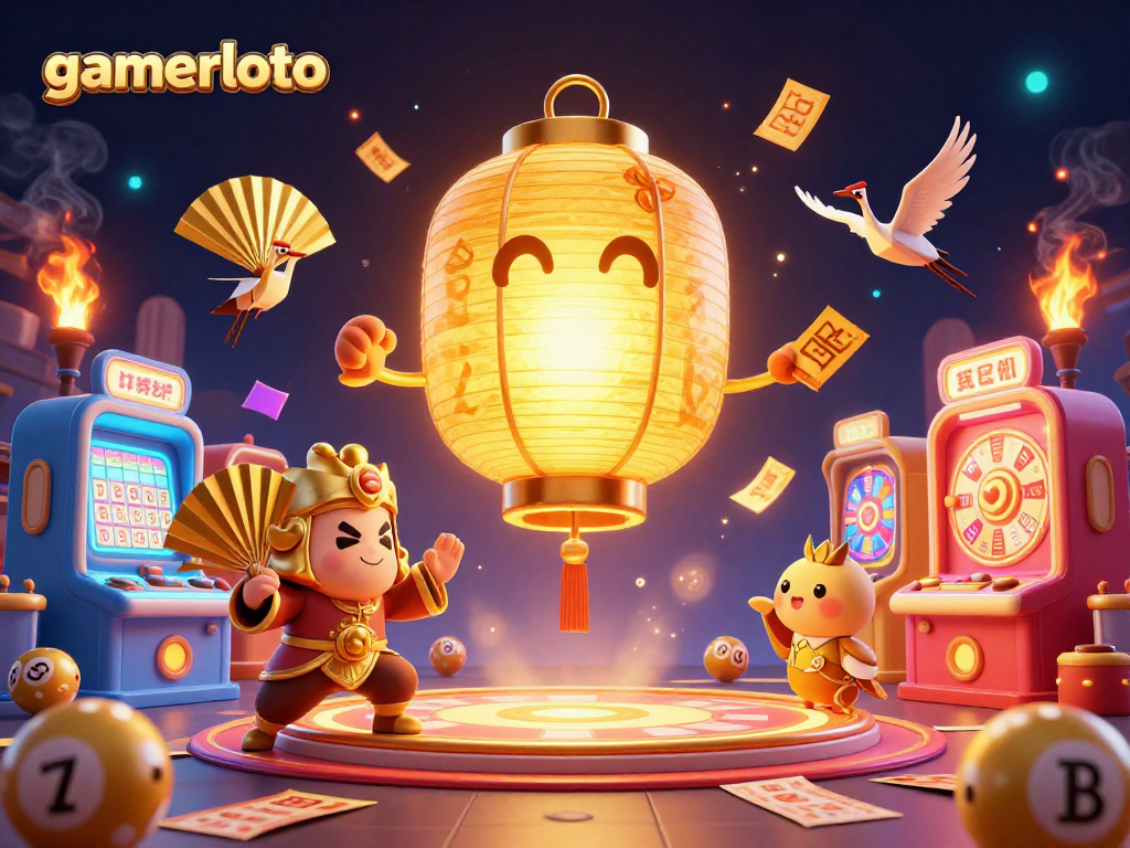 Engage with gamerloto’s dynamic lottery spirit scene featuring colorful lottery machines and glowing elements.