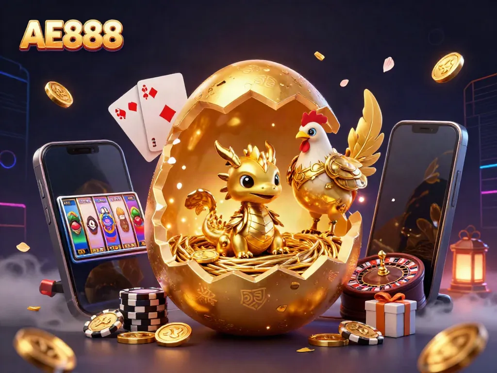 Experience the thrill of AE888's vibrant casino world with golden dragon and poker chips in this 3D illustration.
