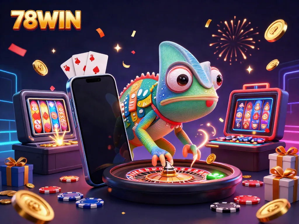 Experience the thrill at 78WIN as the colorful chameleon casino owner celebrates wins with vibrant game elements.