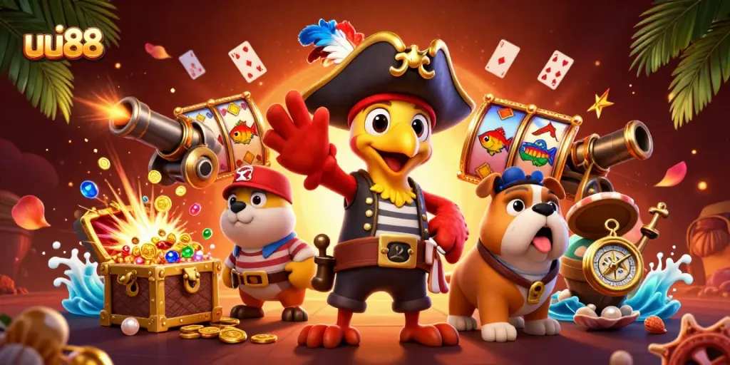 Experience thrilling gameplay with uu88 featuring cartoon pirates and slot machines in vibrant illustration.