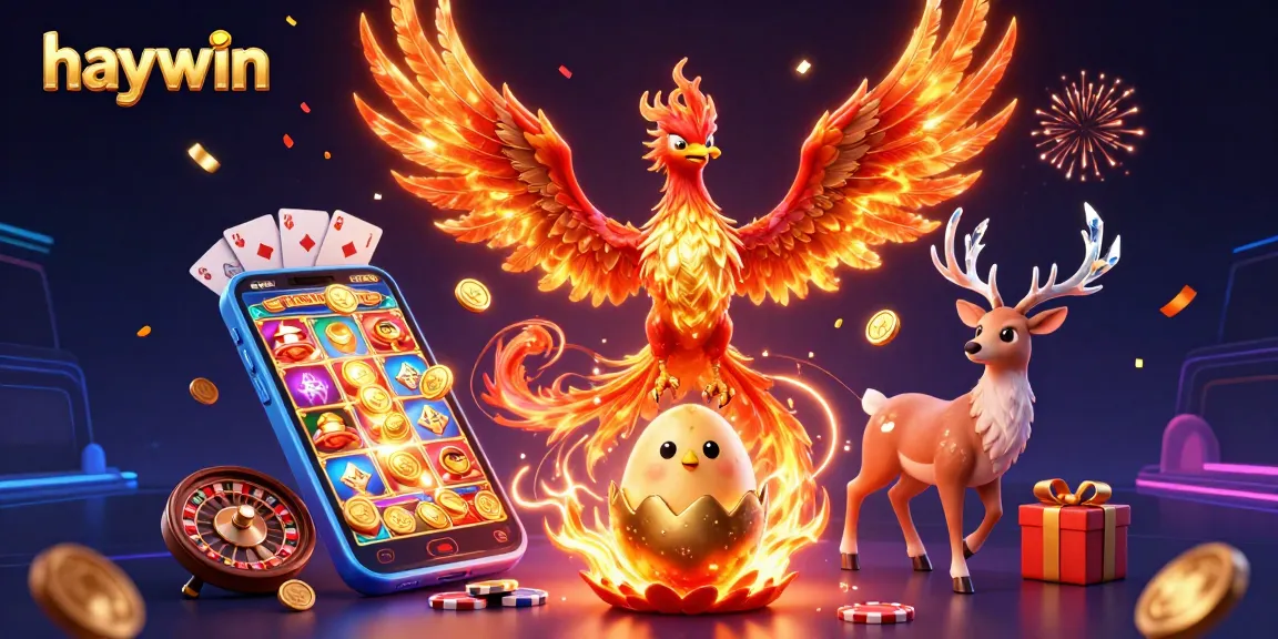Witness the excitement of haywin as a 3D fire phoenix soars amidst dynamic casino elements and gold coins.