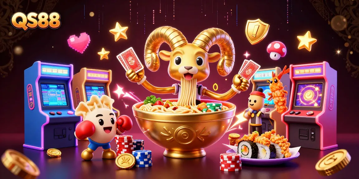 QS88 features an exciting 3D scene with a giant ramen bowl dealer and vibrant casino elements.