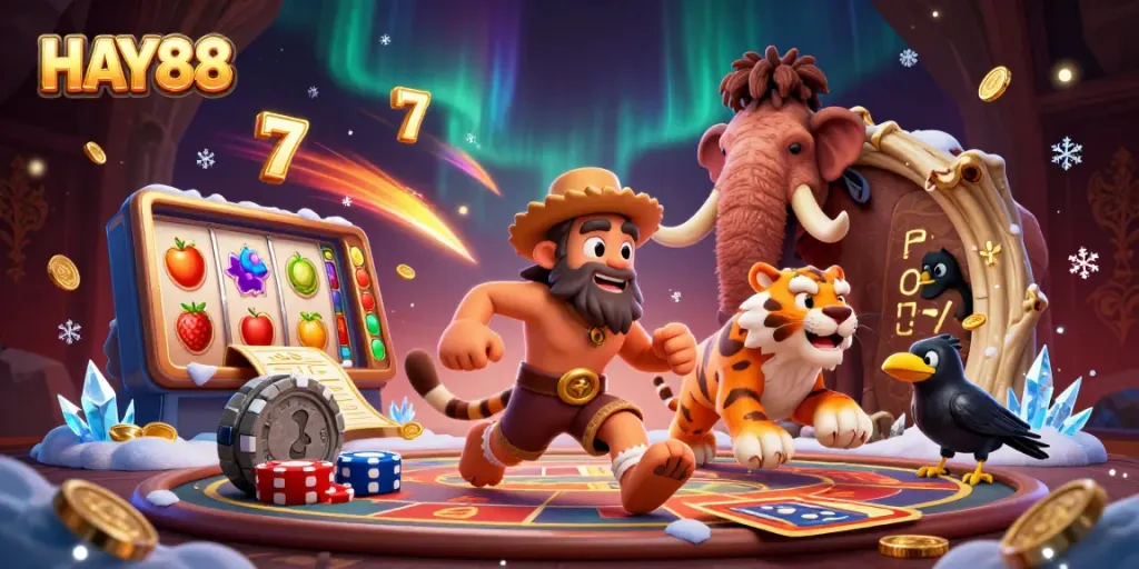 Experience HAY88 with a thrilling prehistoric casino scene, featuring unique characters and vibrant gameplay.