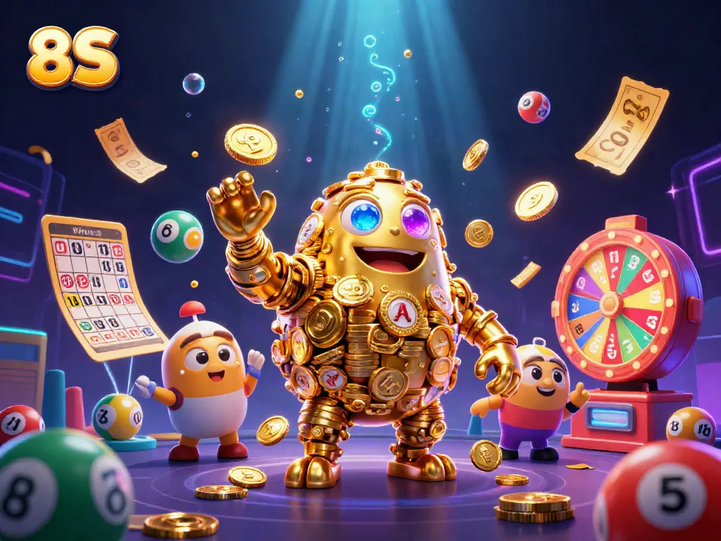 Experience thrilling casino fun with 8S as a golden golem surrounded by lottery elements.