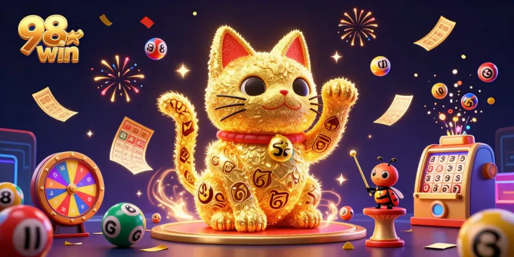 Engage with exciting casino elements in this vibrant 98win illustration featuring dynamic games.