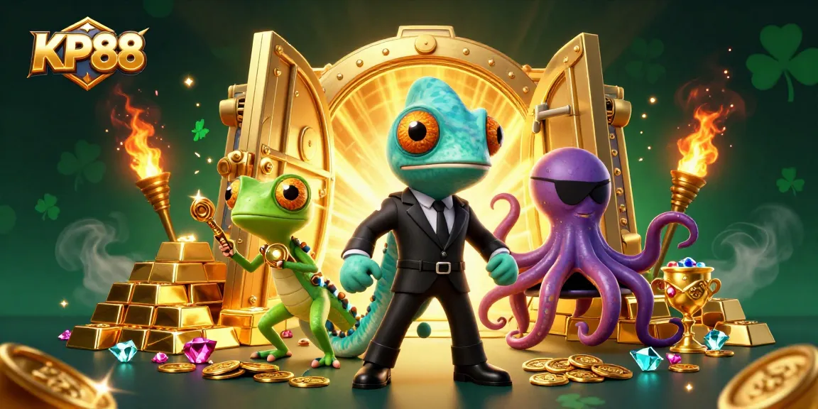 Experience excitement with KP88 as colorful characters unveil treasures in a vibrant casino scene.