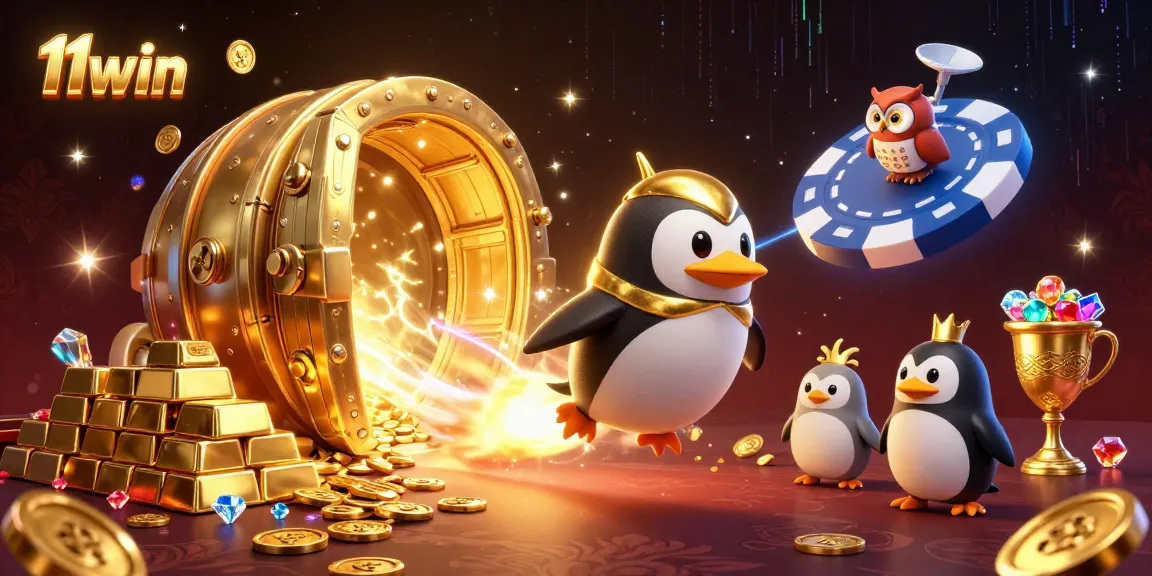 Experience exciting gameplay with 11win as a golden penguin flies past a dazzling casino.