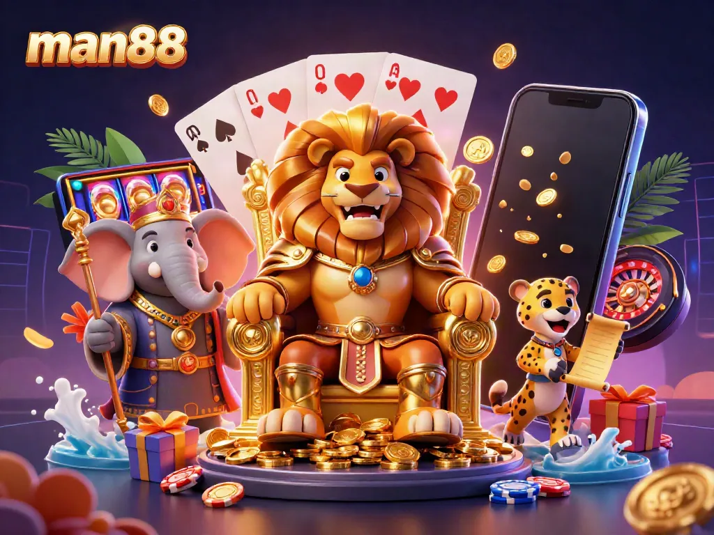 Experience thrilling moments with man88's 3D casino scene featuring a lion king, elephant, and cheetah.
