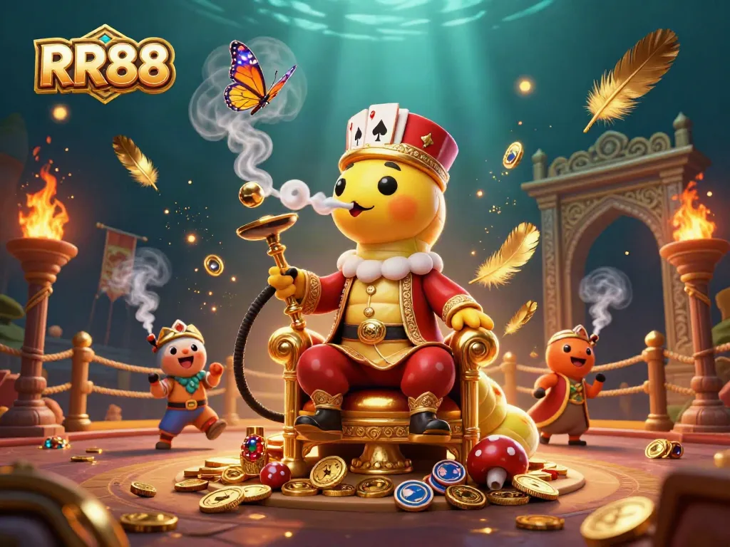 Experience the excitement of RR88 with a whimsical caterpillar master, vibrant casino elements, and rich details.