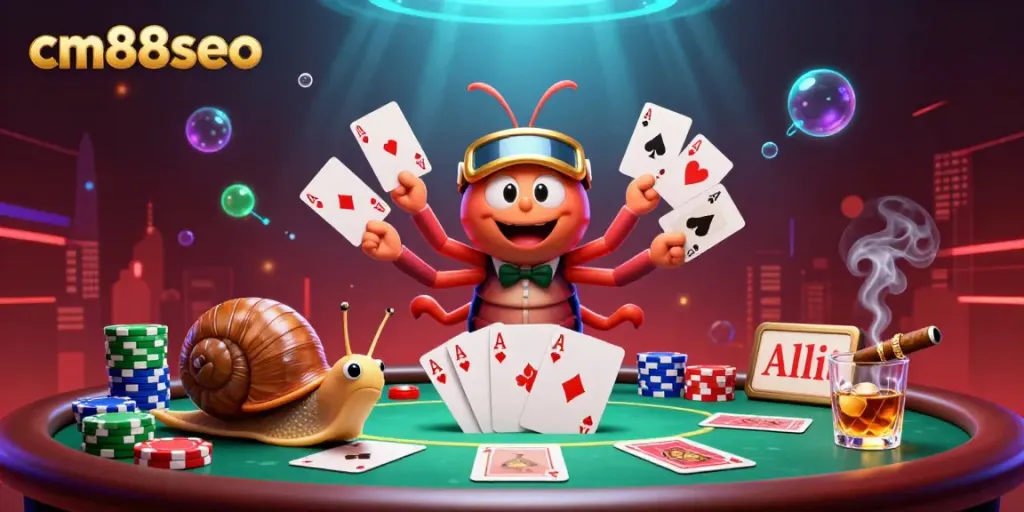 Experience engaging gameplay at cm88seo, featuring a lively cartoon scene with a millipede dealer showcasing cards and a snail pushing chips.