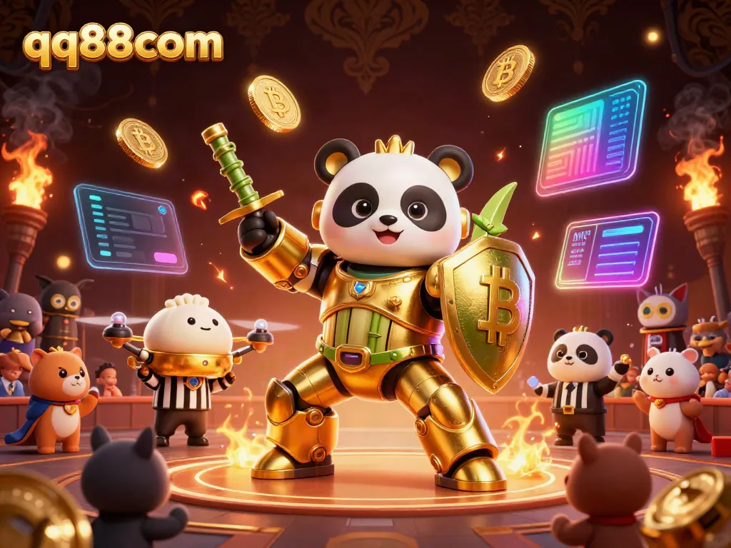 Engage with thrilling experiences on qq88com featuring an epic mech-suit panda battle in a vibrant arena.