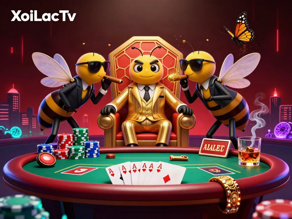 XoiLacTv features a vibrant bumblebee mob boss at a poker table with chips and cards, creating a lively gambling atmosphere.