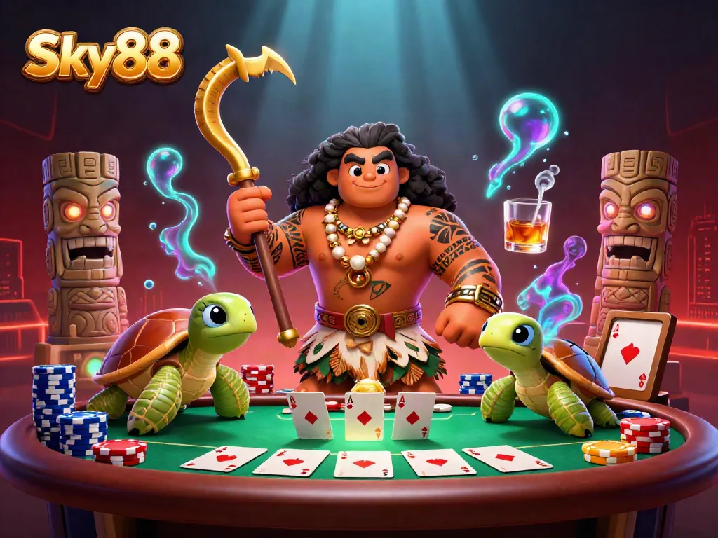 Experience exciting gaming on Sky88 with 3D characters, poker elements, and vibrant effects.