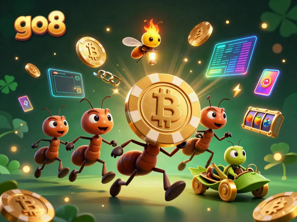 Engaging go8 illustration featuring ants, a poker chip heist, and glowing crypto coins.