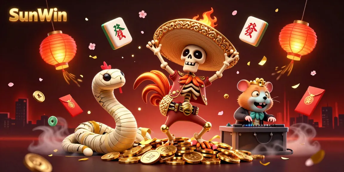 Win big at SunWin with a vibrant 3D casino scene featuring colorful characters and gold elements.
