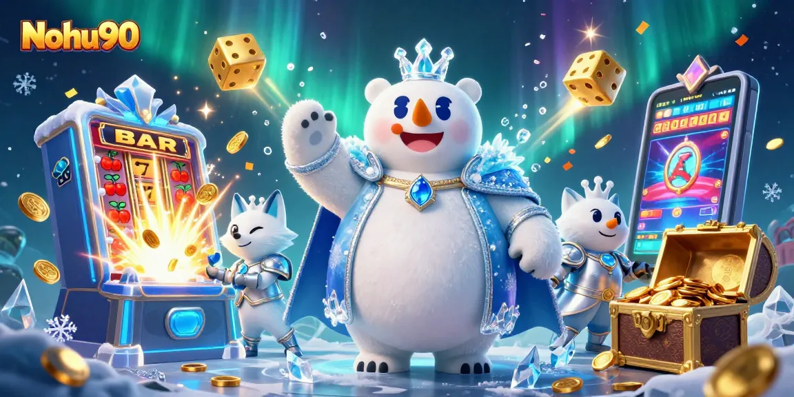 Win big with Nohu90 as a 3D cartoon ice king polar bear and snow fox celebrate jackpot treasures.