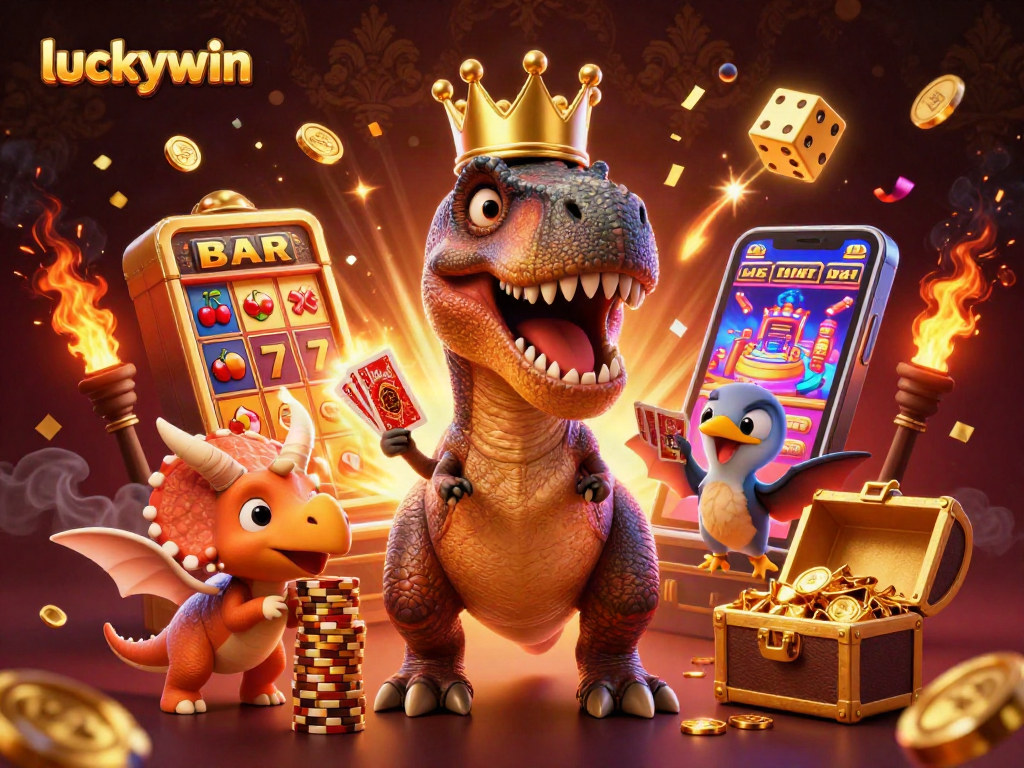 Engage with luckywin's vibrant jackpot scene featuring friendly dinosaurs and thrilling casino elements.