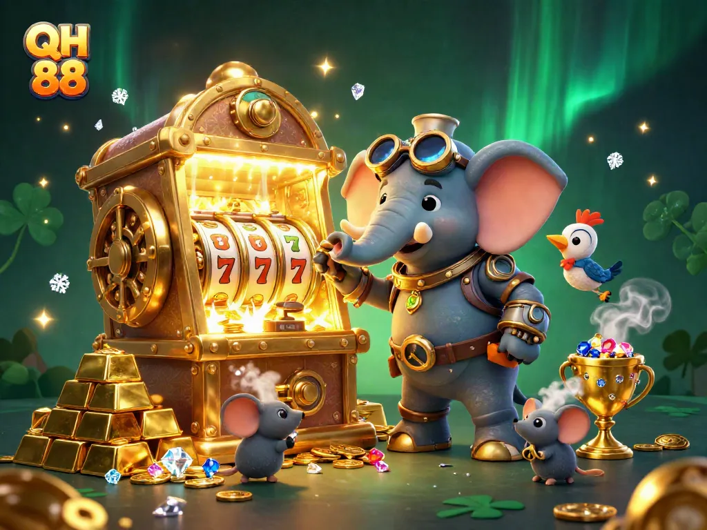 Spin the golden slot machine at QH 88 while treasures burst forth in a vibrant casino scene.
