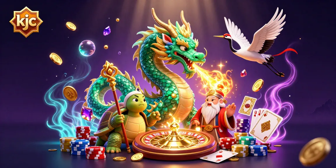 KJC's dynamic casino illustration with jade dragon, turtle sage, and lucky cranes celebrating gaming success.