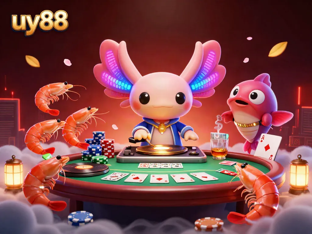 Experience the vibrant gambling scene with uy88, showcasing neon axolotl DJ and poker elements.