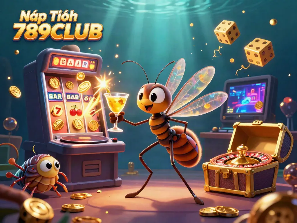Nạp Tiền 789CLUB illustration featuring vibrant casino elements with mosquito mascot, trilobite DJ, and golden roulette.