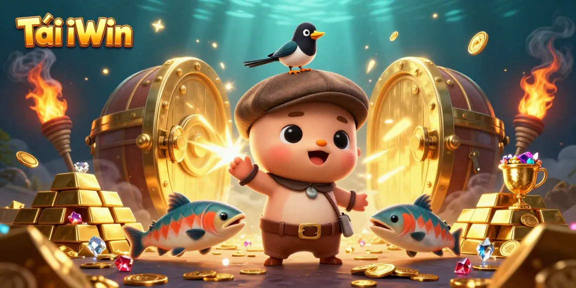 Tải iWin illustration showing cute Nessie and friends in a treasure-filled underwater casino